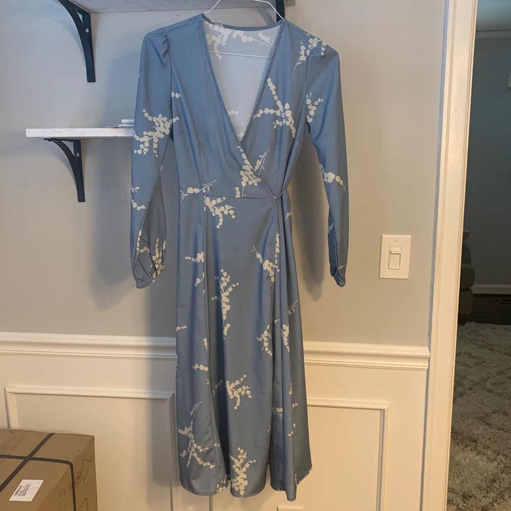 Blue floral wrap dress